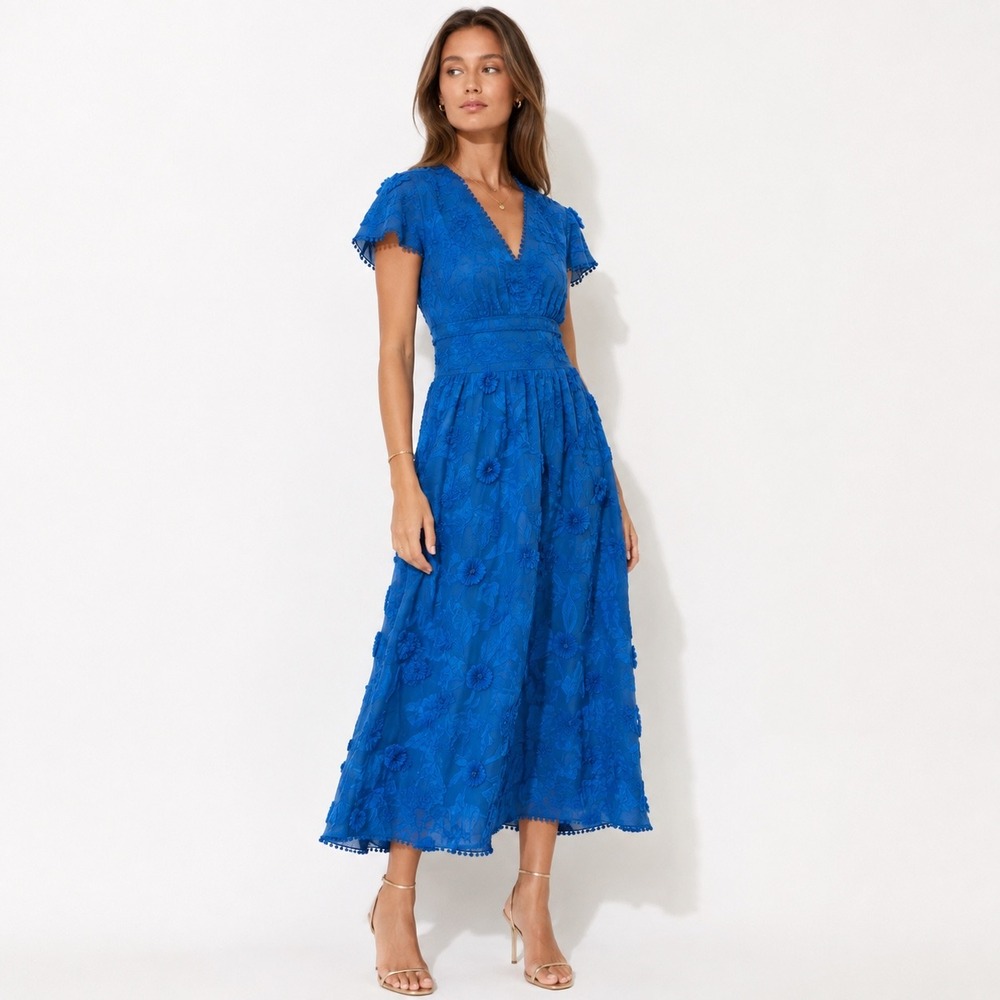 Adelyn Rae Floral 3D Embroidered Midi Dress Women Medium Turquoise Romantic Boho